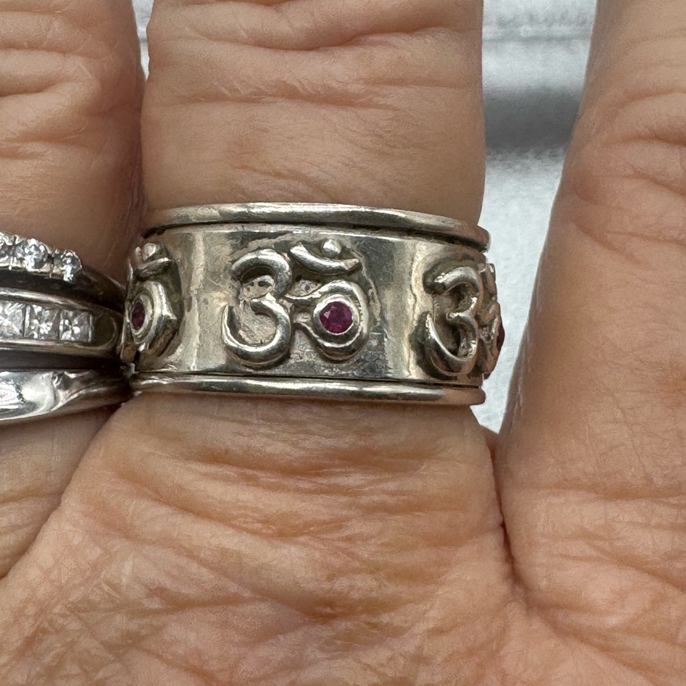 Silver and Ruby Tibetan Prayer Wheel Ring
